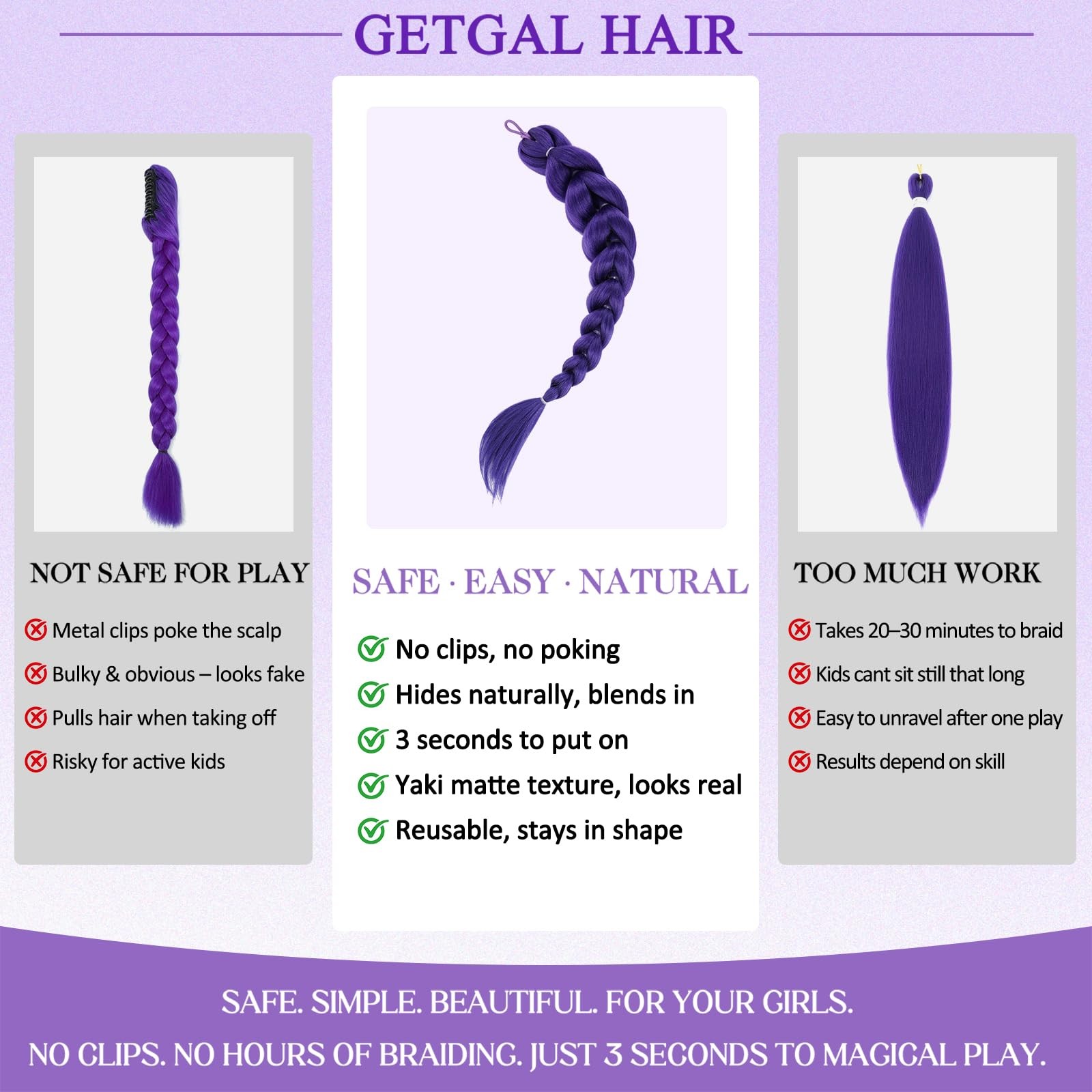 24 inch Purple Braids Ponytail Hair Pre Braiding Hair with Tie Synthetic Purp…