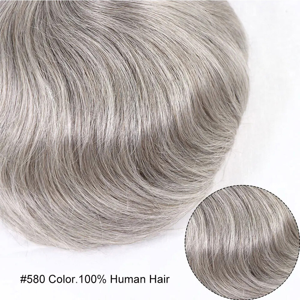 Men 100% Human Hair Toupee Replacement Hairpiece #580 Poly and Mono Base