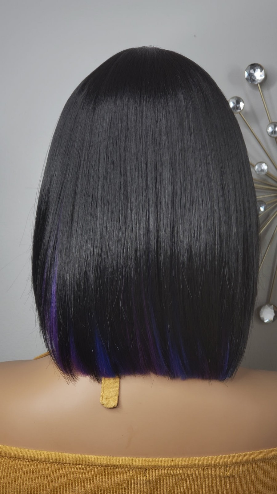 New Short Human Hair Blend Straight Bob Wrap Full Cap Wig Black Blue Purple Wig