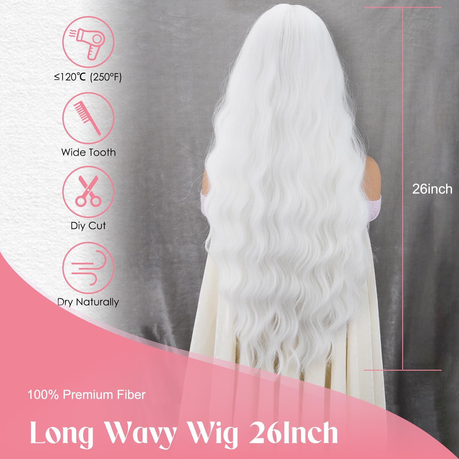 Long White Wavy Wig with Bangs 26 Inches Natural Looking Synthetic Heat Resis…