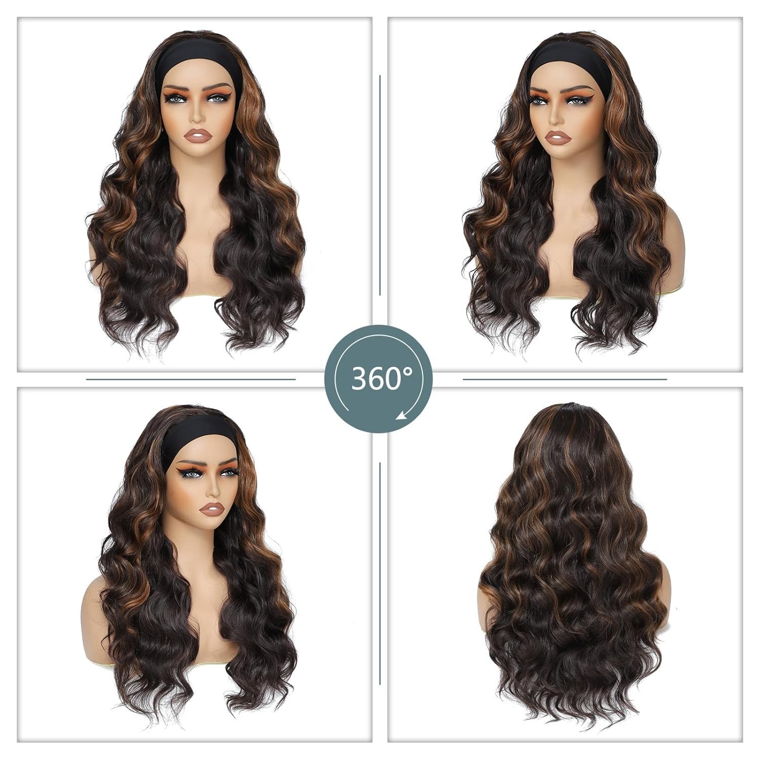 Peluca Larga Ondulada con Diadema Negra y Mechas Rubias/Castañas