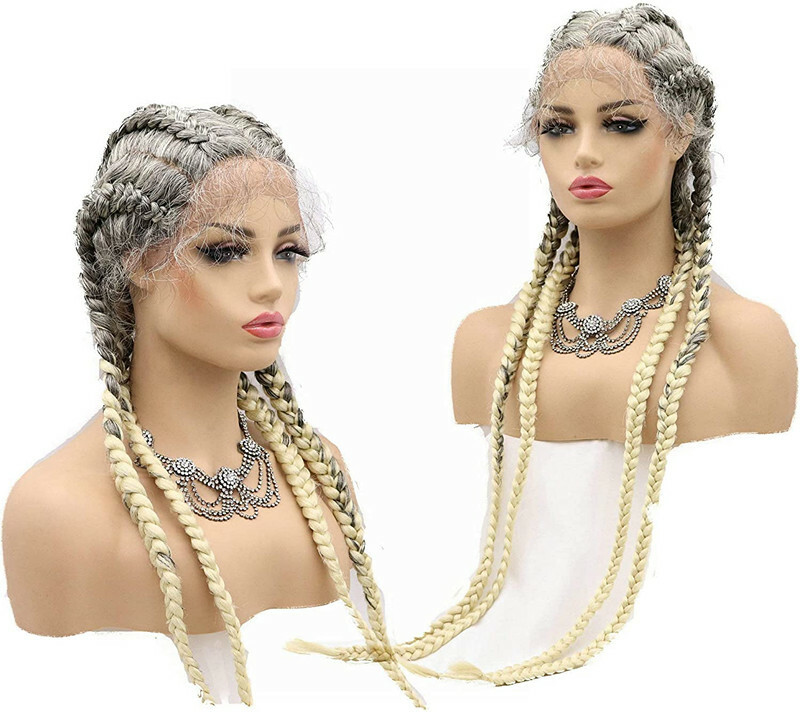 Cornrow Braided Lace Front Wig African Glueless Box Braids Wig Gray Blonded 34”