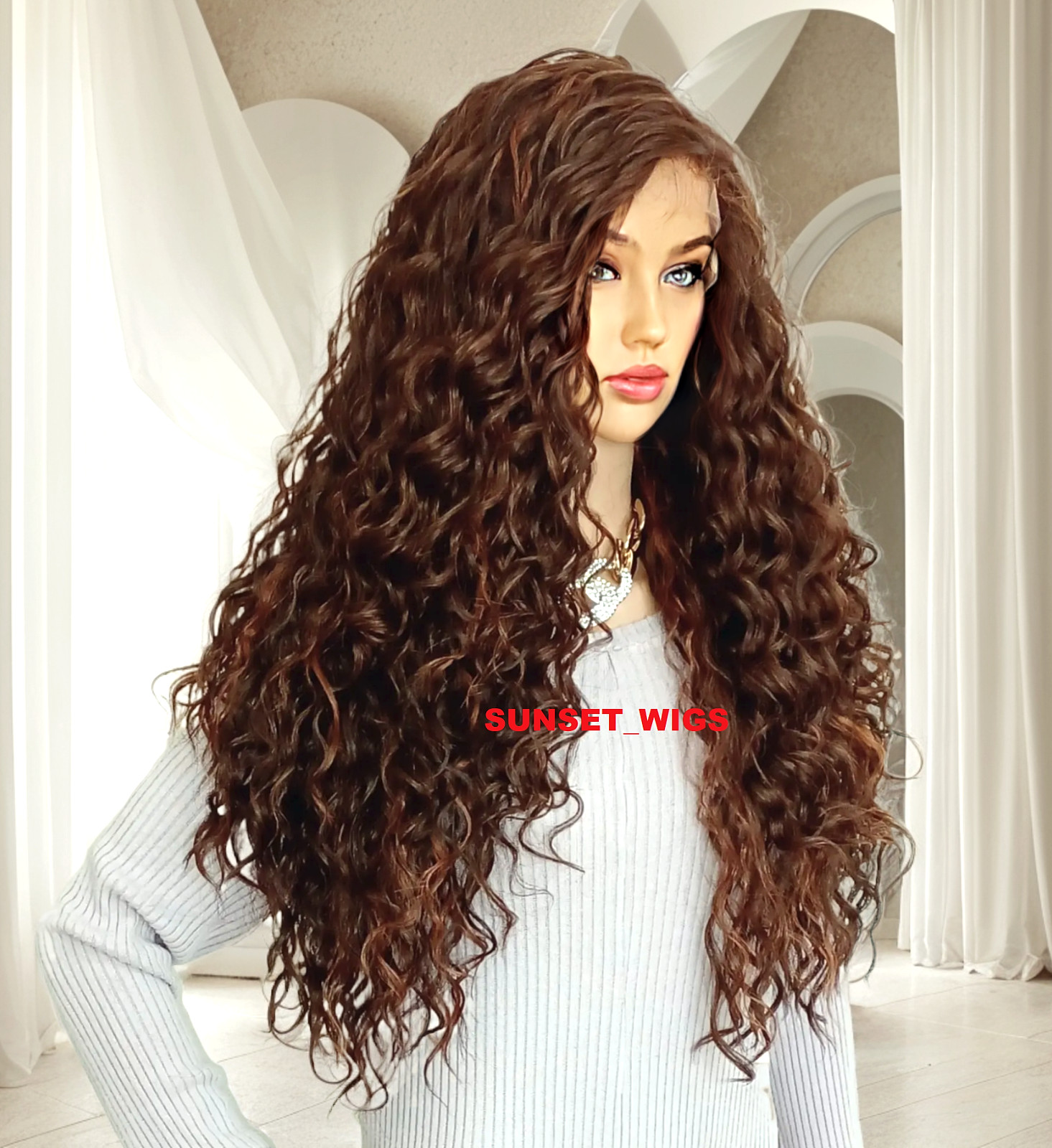 34″ LACE FRONT WIG LONG CURLY LAYERED BROWN AUBURN MIX #P4.27.30 HEAT OK NWT