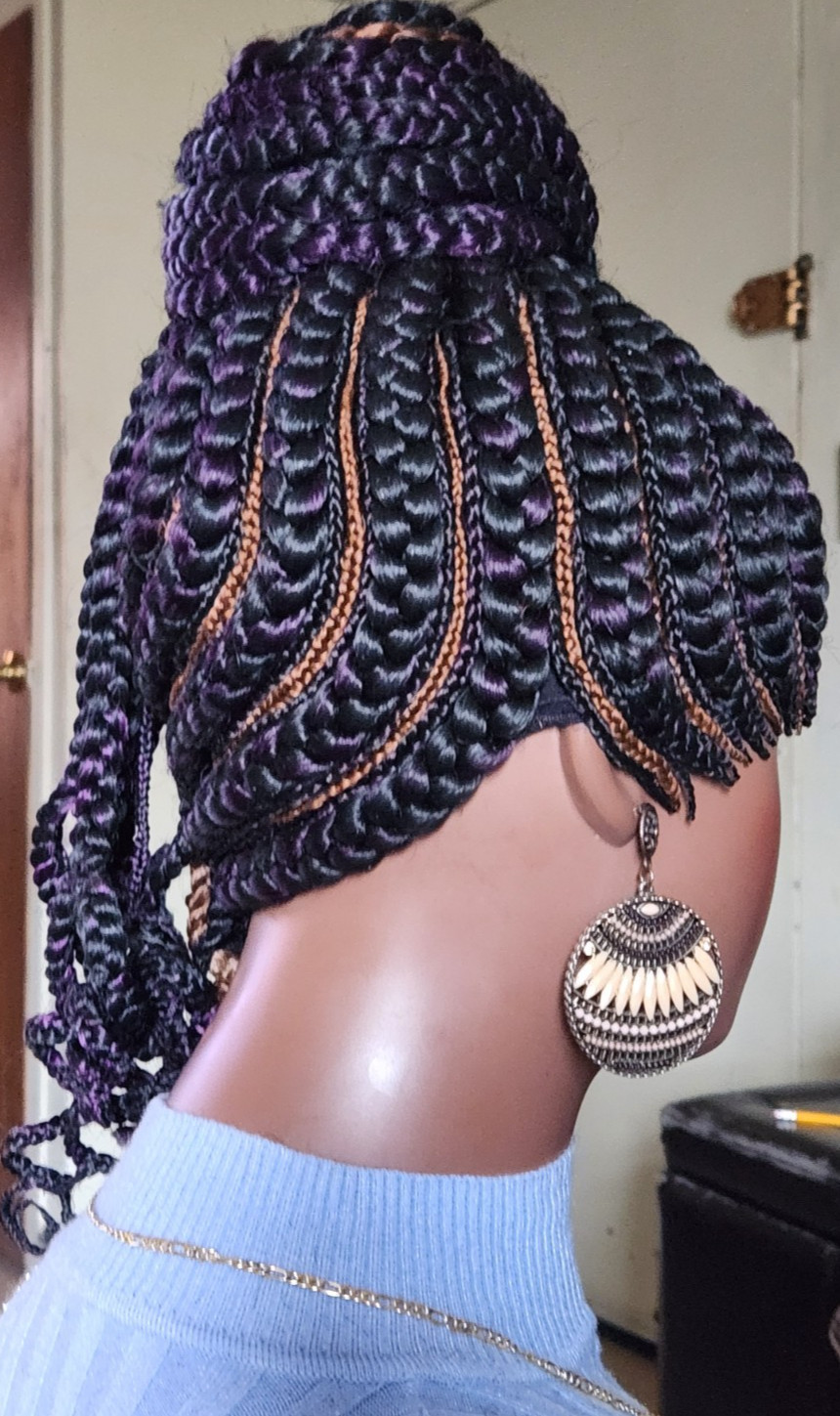 handmade braided Ghana banana cornrows wig poney tail 1B mix Dark purple/Dark br