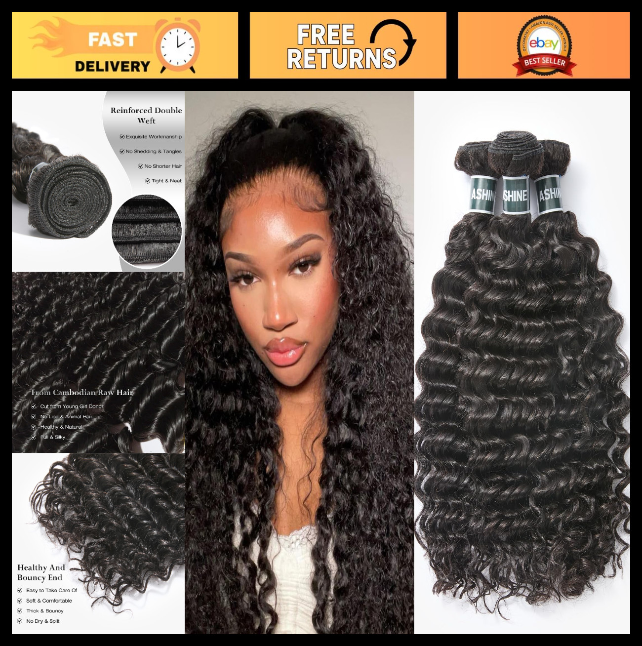 Deep Wave Unprocessed Cambodian Human Hair Bundles 20-24 Inch Quick Weave Natura