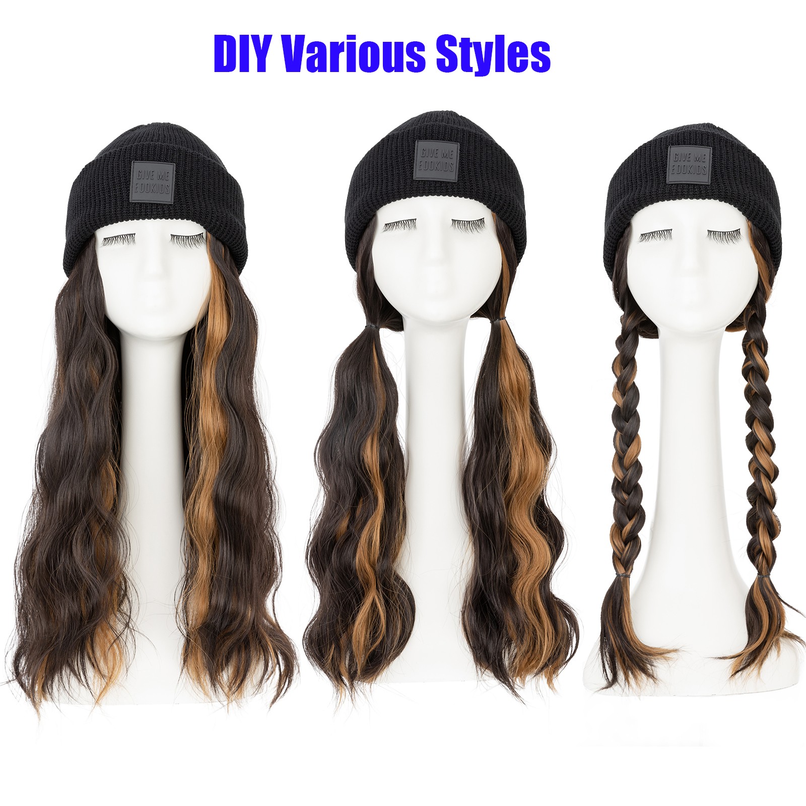 Winter Warm Knit Beanie Hat with Long Wavy Straight Synthetic Hair Wig for Woman