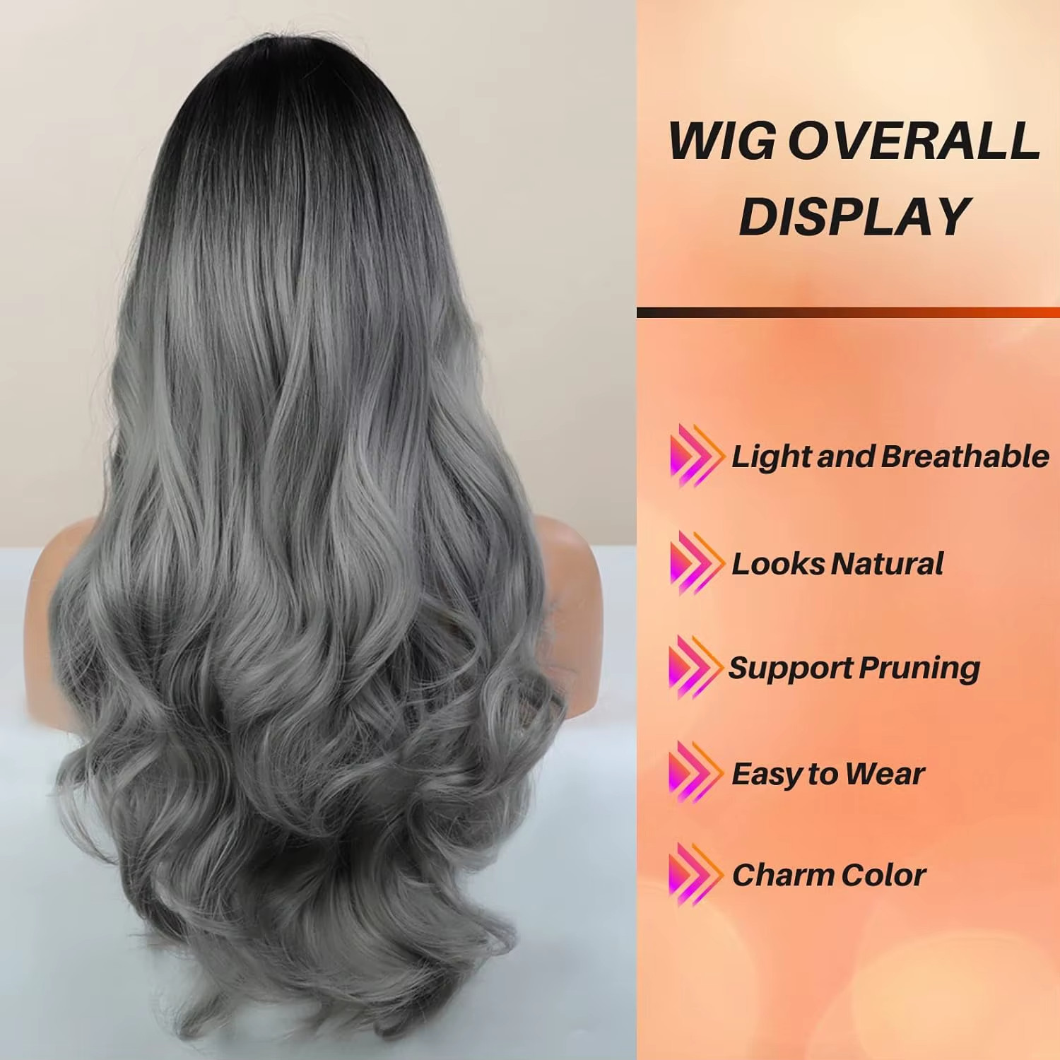Long Wavy Silver Ash Ombre Cosplay Synthetic Wigs Natural Curly Gray Black Hair