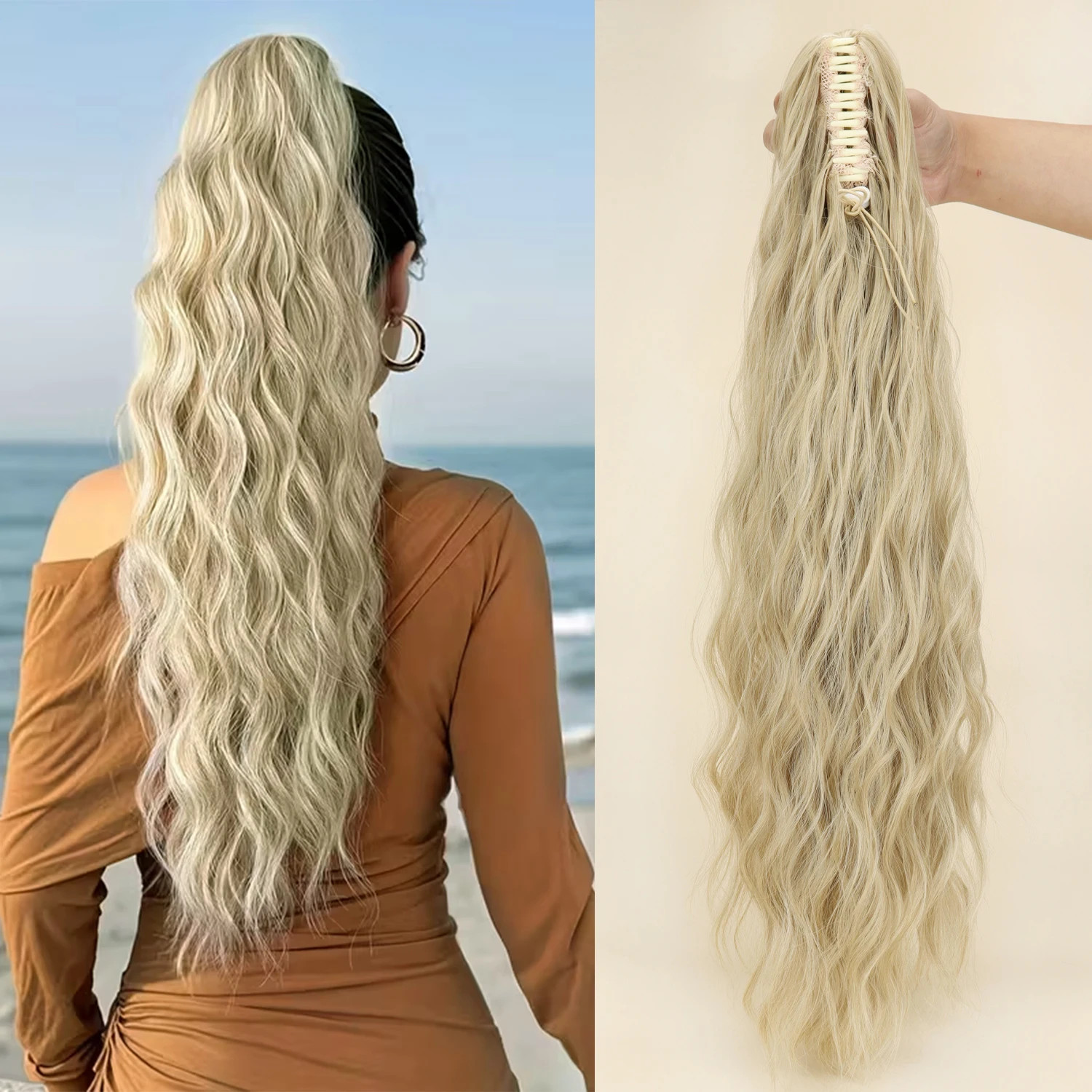 Heat Resistant Fiber Fluffy Messy Water Wave Claw Clip Ponytail Hair Extensions