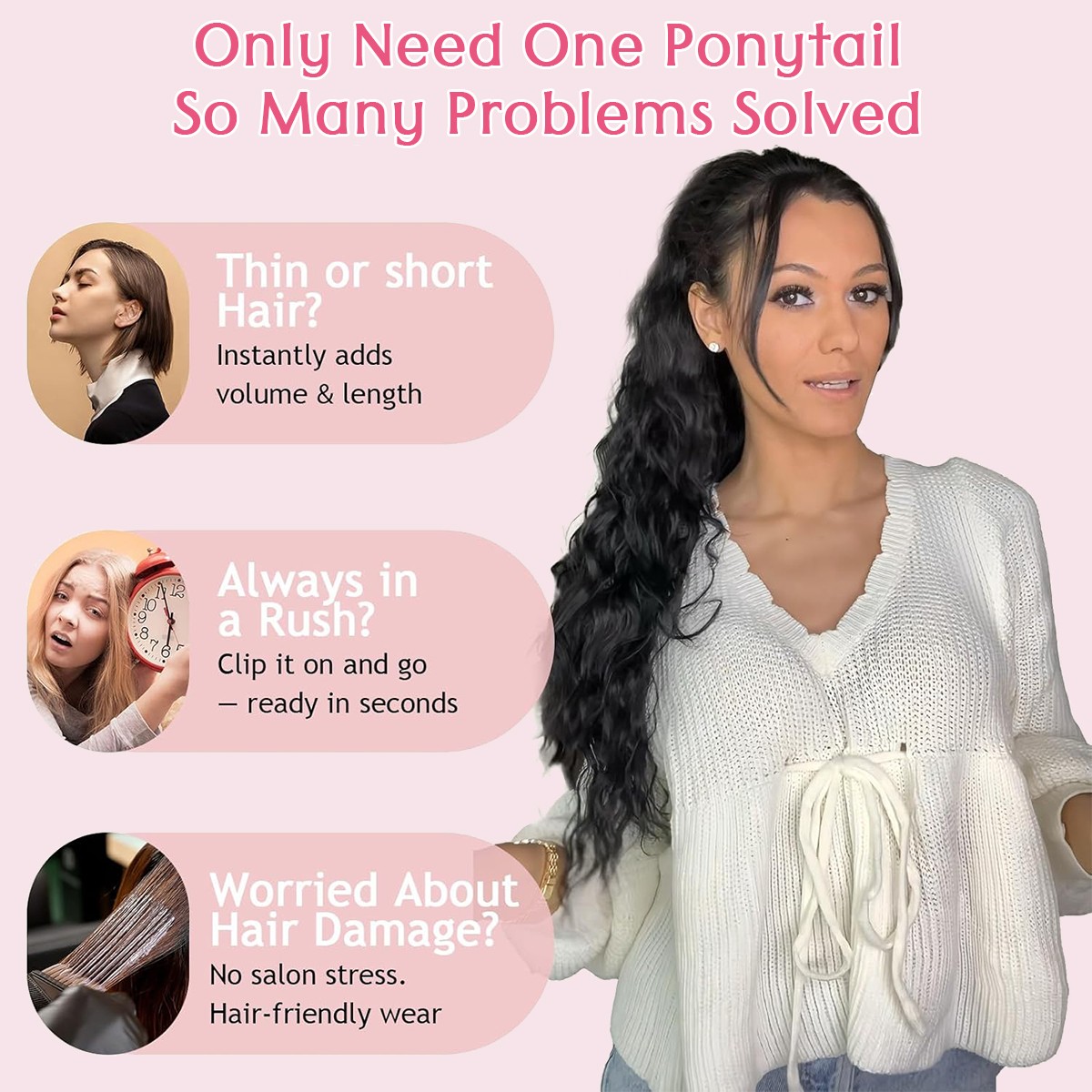Ponytail Extension Claw on Clip in Curly Wavy Synthetic Hair One Piece 30″ Thick
