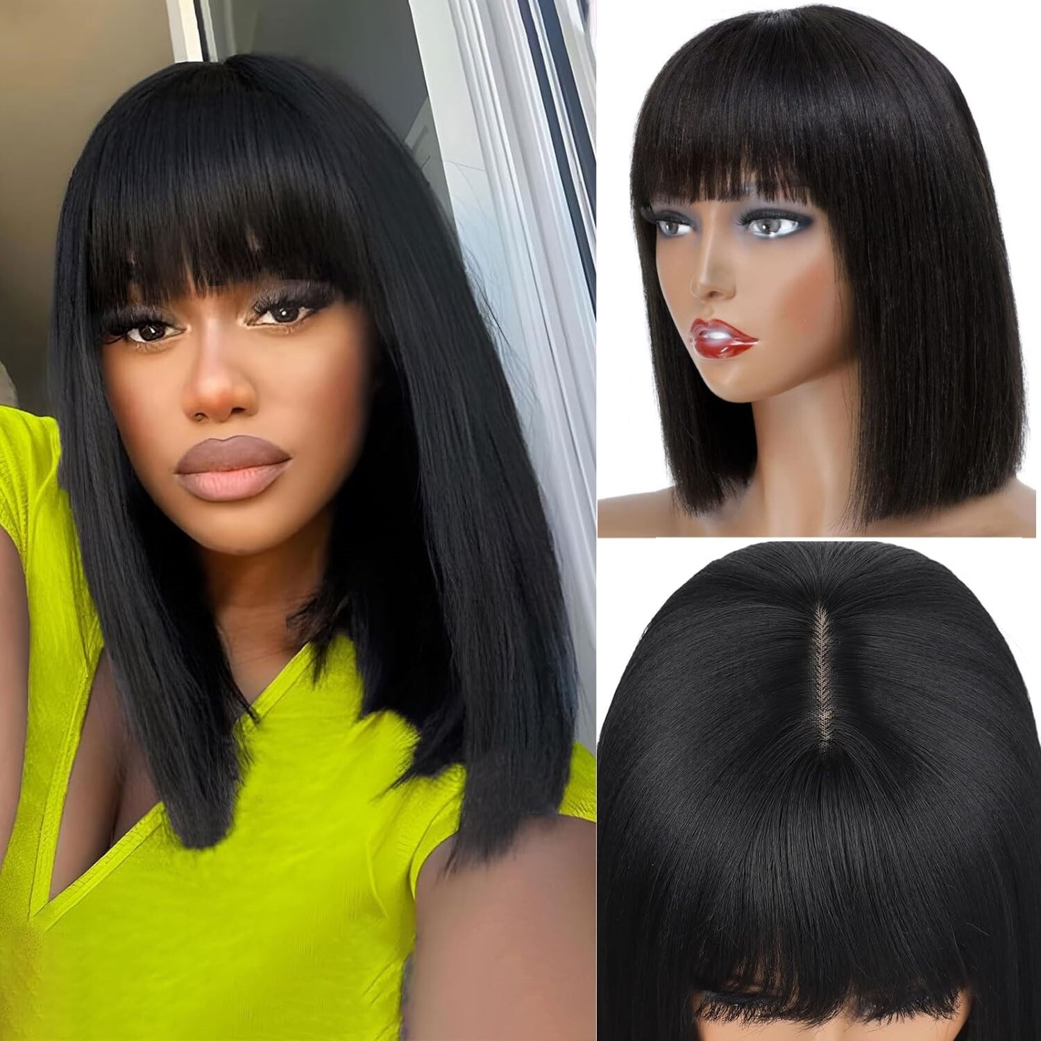 Women’s Full Bangs Black Straight Wigs Bob Natural Hair Full Wig 15″ Rose Net US