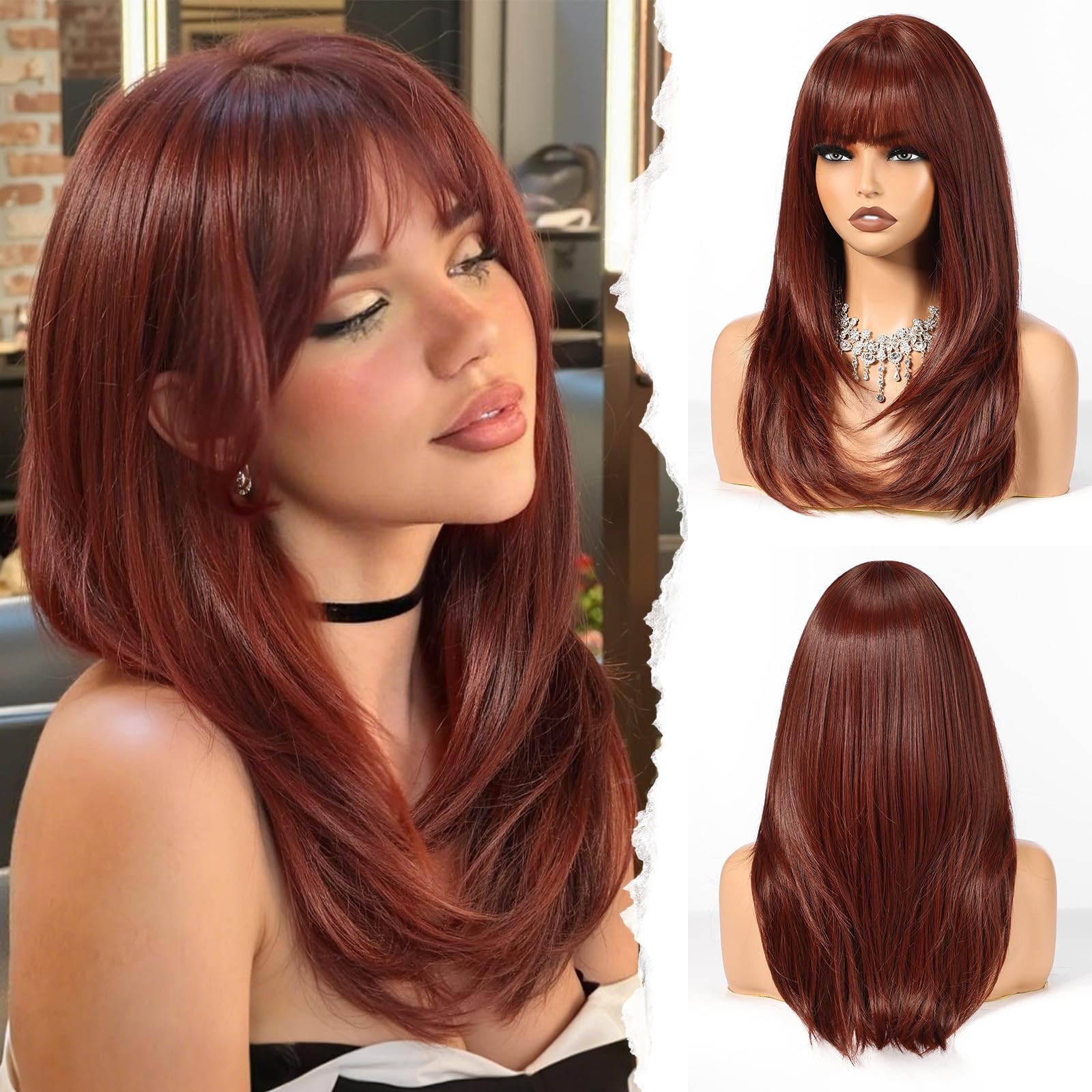 Haircube Layered Red Brown Medium Long Straight Synthetic Wigs For Women Bangs