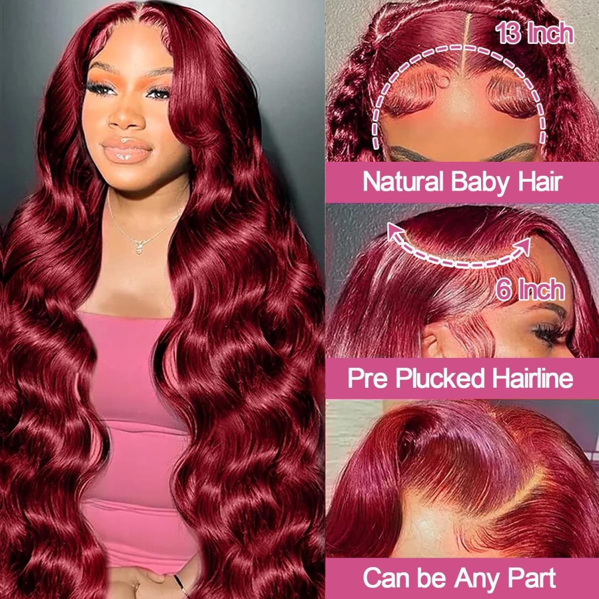 99J Burgundy Lace Front Wig 30″ Body Wave Human Hair 180% Density Pre Plucked HD