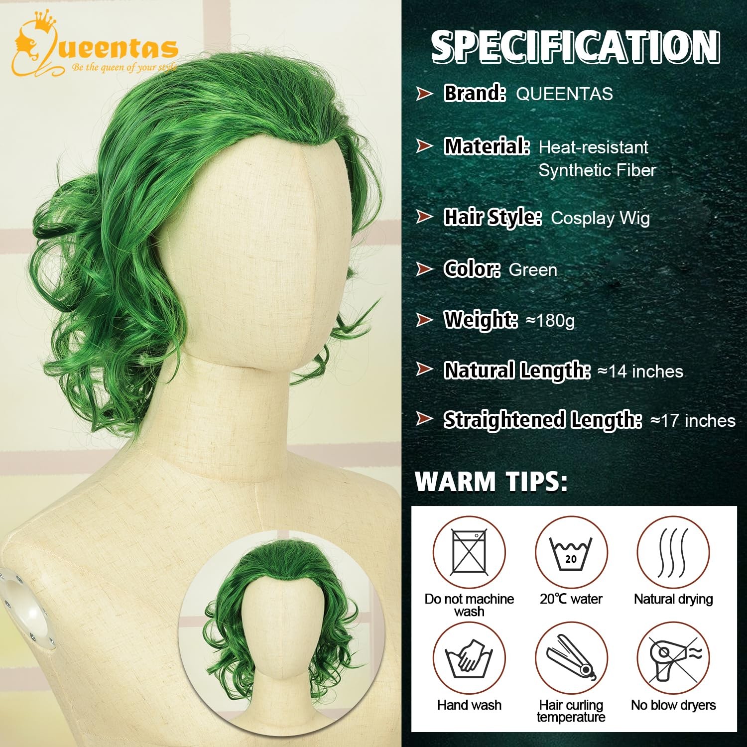 Queentas Short Green Wig For Men Clown Wigs For Men 70S 80S Mens Cosplay