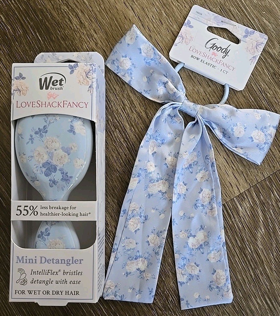 Love Shack Fancy x Target Wet Mini Brush, Goody Hair Scrunchies Blue Bundle New