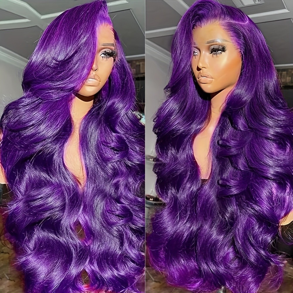 Frontal Lace Wigs Long Wavy Purple Hair Heat Resistant Soft Pre Plucked Hairline