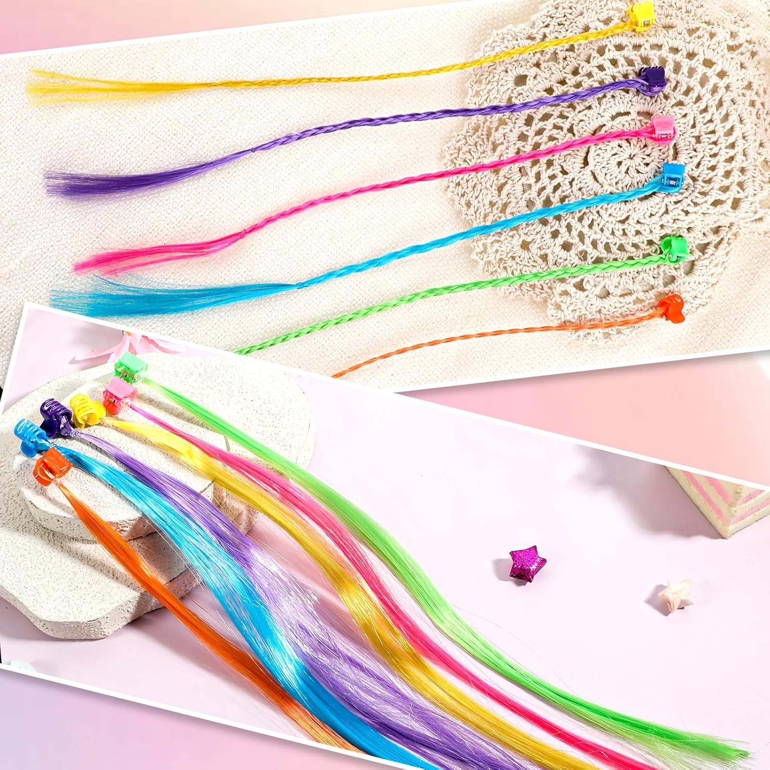 36 Pack Colored Hair Extensions for Girls, Clip-In, 33Cm Length, Pink, Blue, Pur