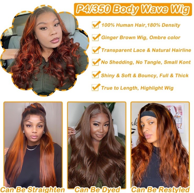 Ginger Brown BodyWave 13×4 Lace Front Human Hair Wig Woman And Baby Hair 26”