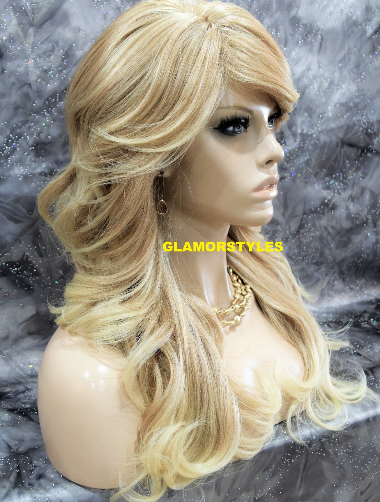 FULL WIG LONG LAYERED WAVY SIDE PART MEDIUM BLONDE MIX HEAT OK #T27.613 NWT