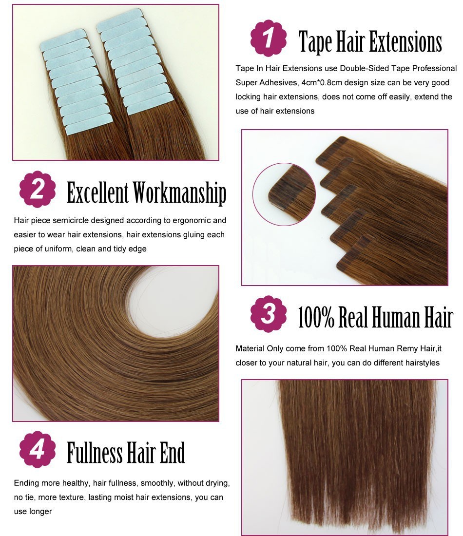 Tape in Remy Human Hair Extensions Seamless Skin Weft Thick Hair Silky 16-26inch