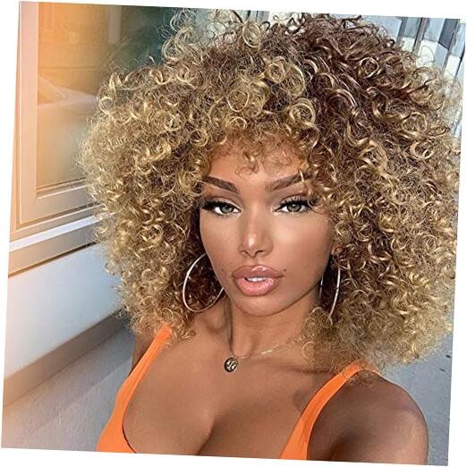 14 inch Blonde Curly Wigs 70s, Kinky Brown Mixd Blonde Afro Blonde Mixed Brown