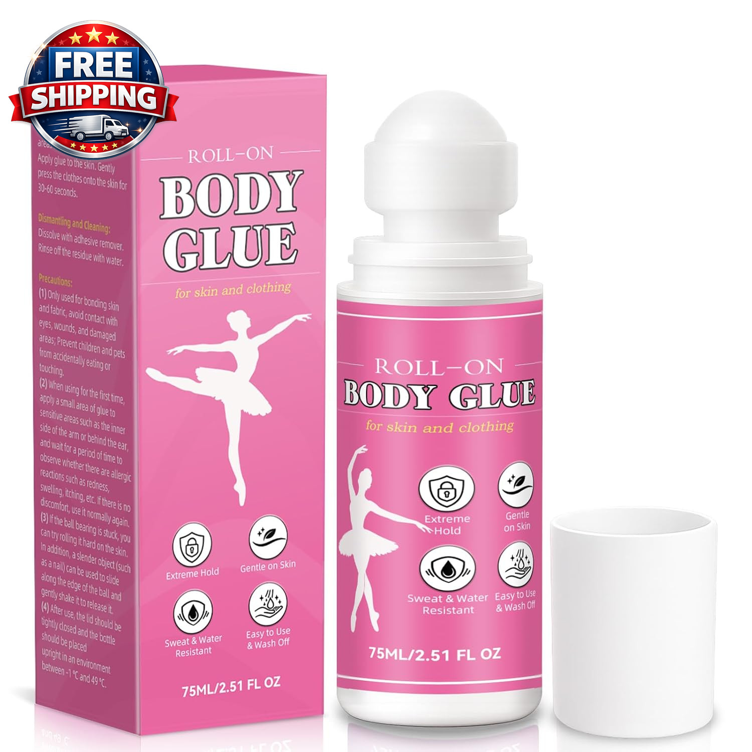 Body Glue for Clothes & Skin 2.54 Oz, Roll-On Body Adhesive, Sweat Resistant, Sk