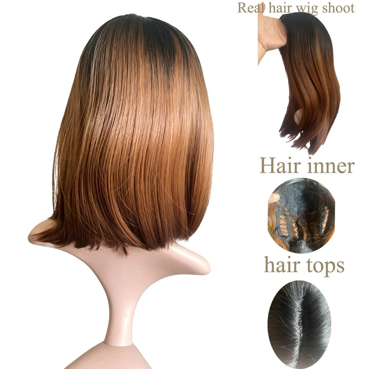 Black Root Ombre Brown Bob Wig, Middle Part Silky Straight Synthetic Wig for Lad