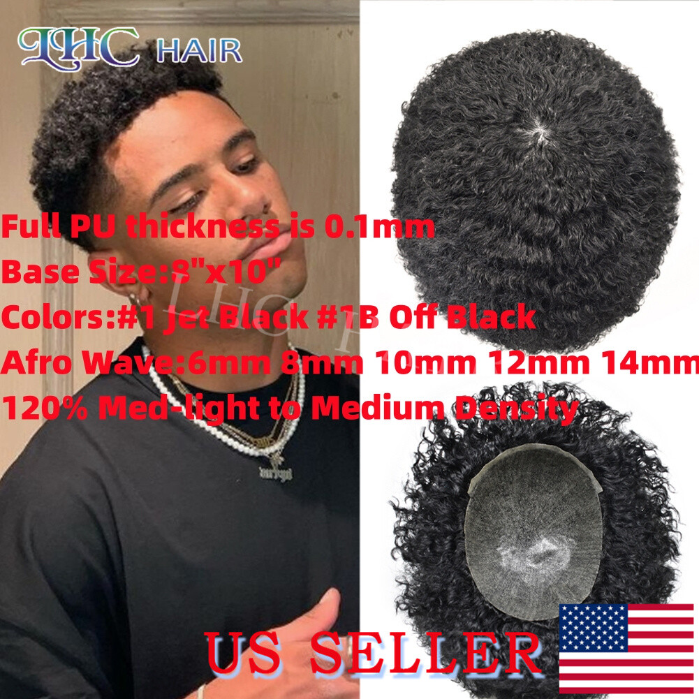 Afro Toupee For Black Men Human Hair Replacement System All PU Curly Hairpieces