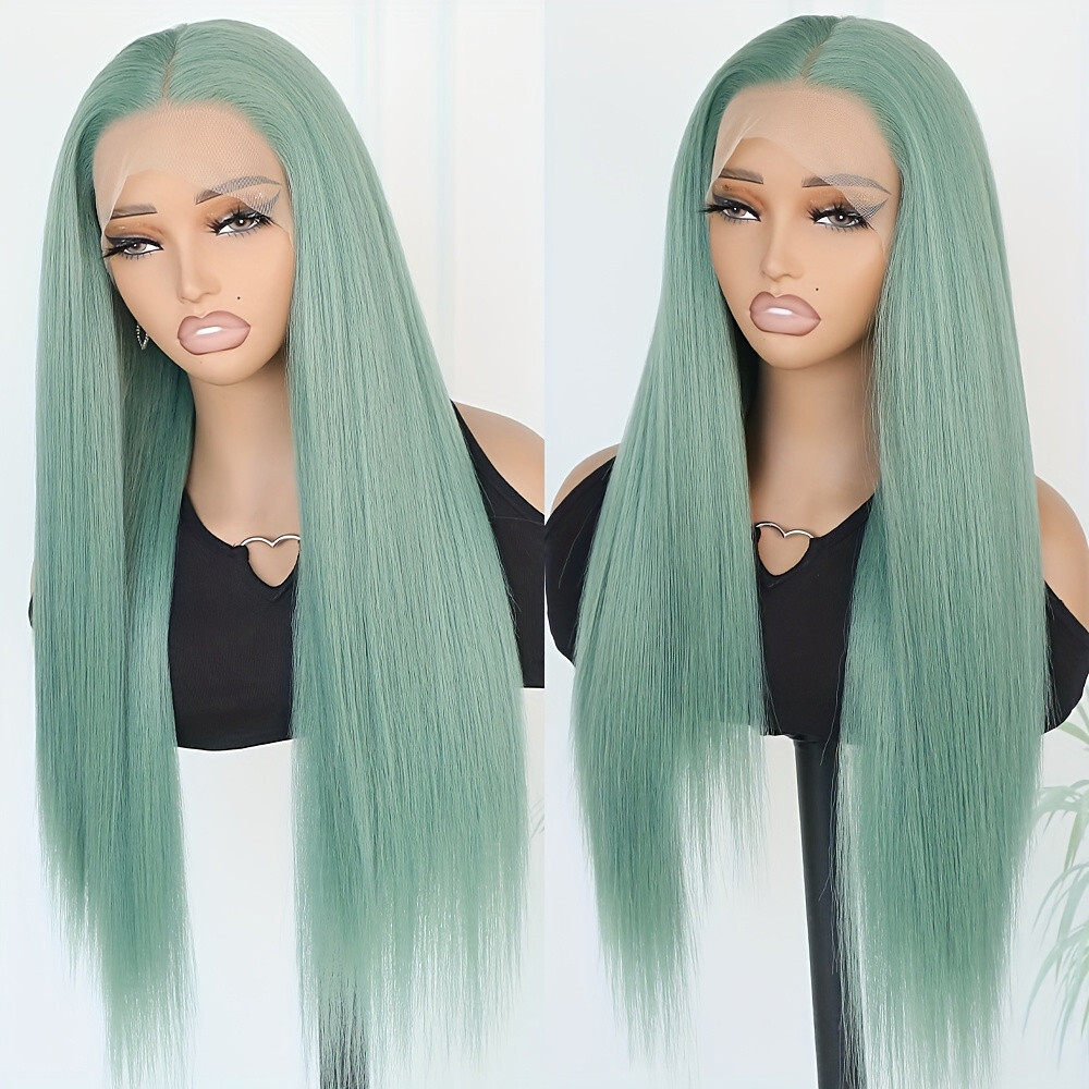 Long Straight Lace Front Wigs Heat Safe Green Hair Women Daily Party Cosplay Use