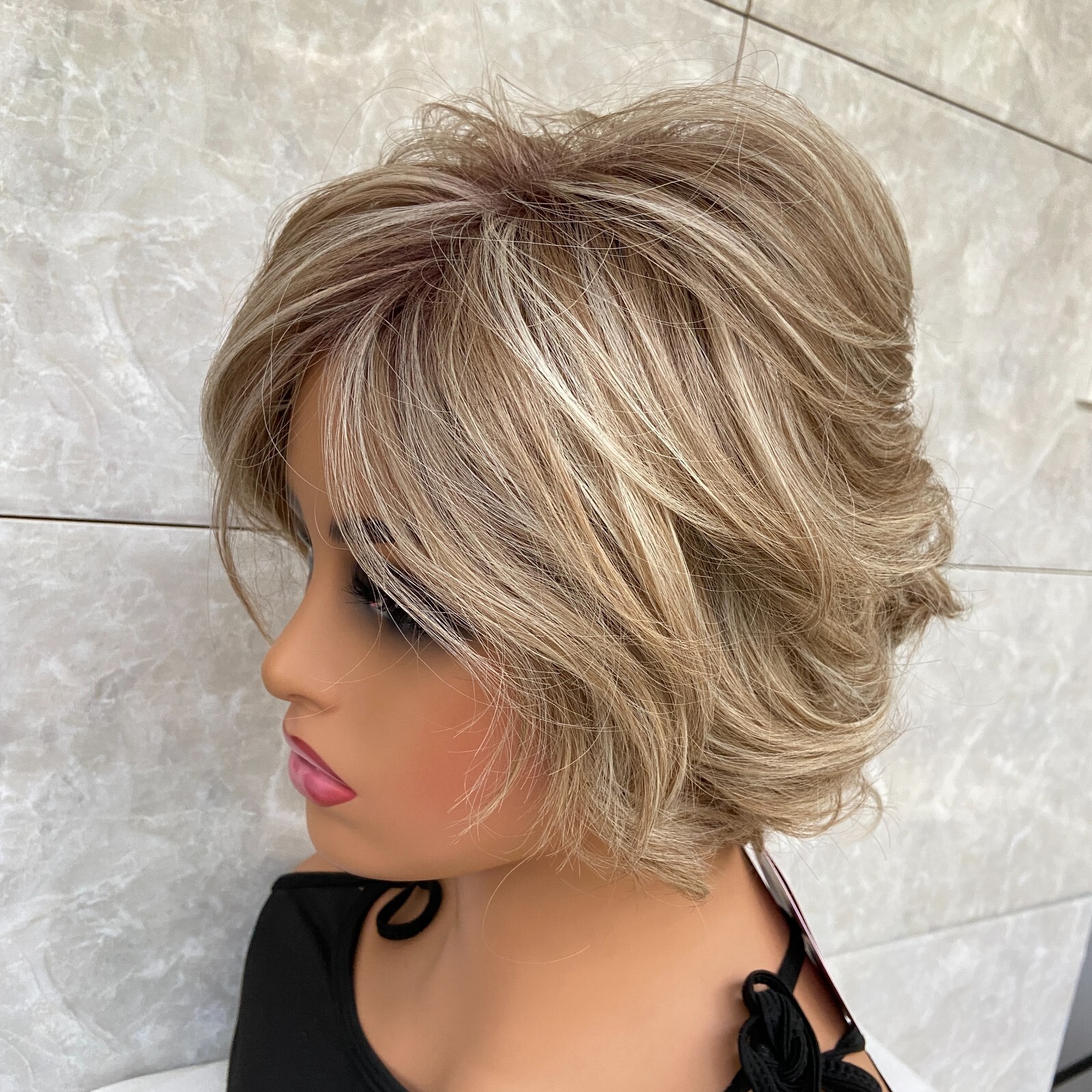 Short Fluffy Wavy Brown Brown Mix Human Hair Blend Heat Ok Wigs Women Soft Daily