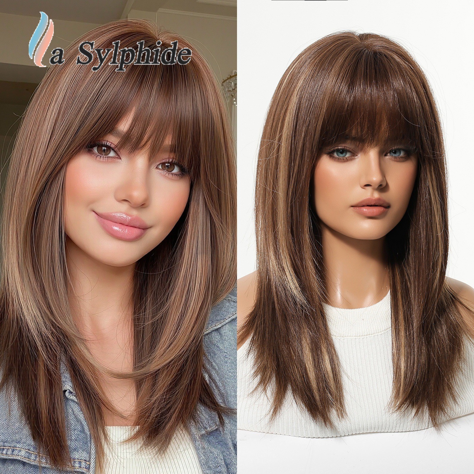 Brown Straight Wig with Bangs Full Machine Made Rose Net Cap Natural Breathable