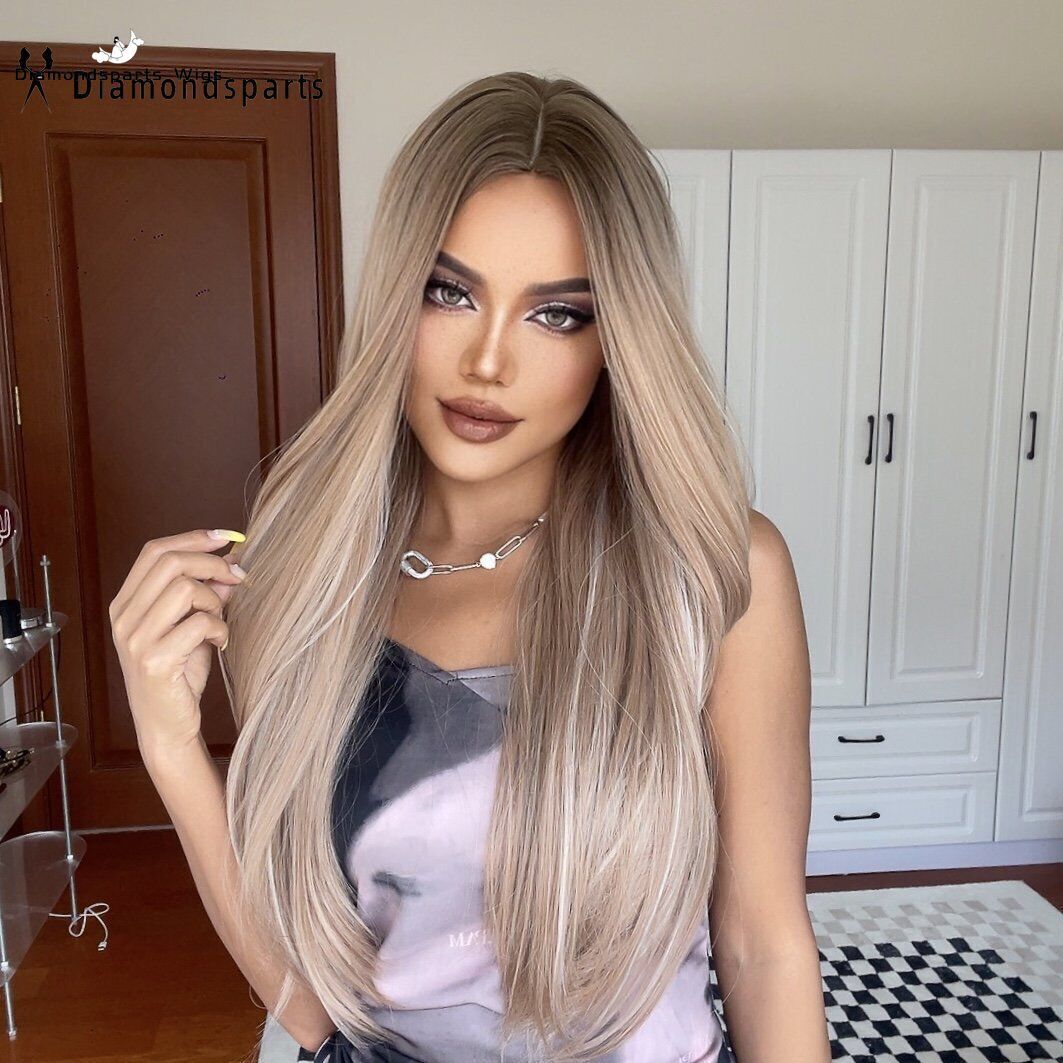 Honey Brown Mixed Blonde Long Straight Synthetic Full Wigs Daily Party Natural