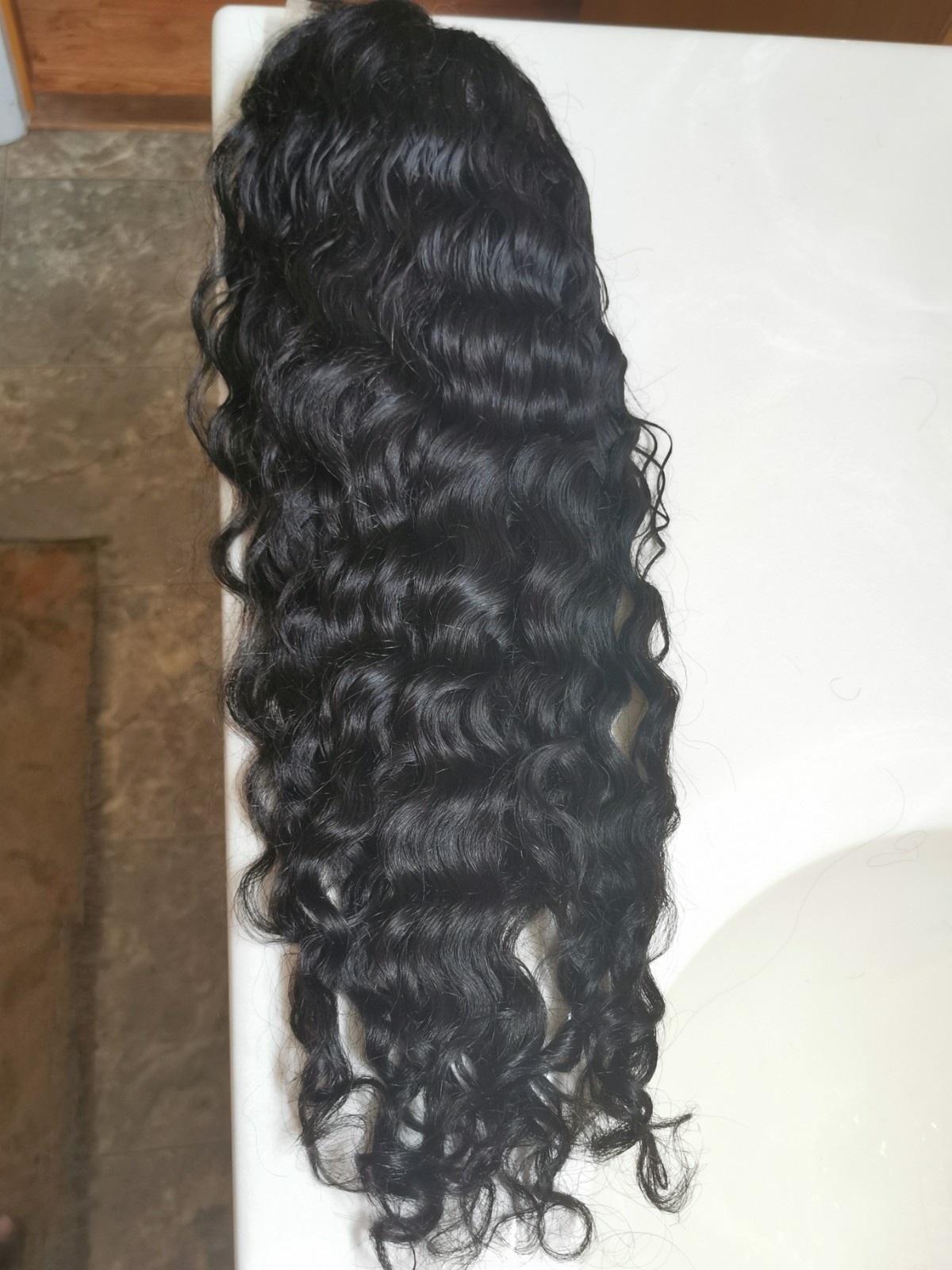 Quality Natural Black Wave Human Hair Glueless DeepPart Closure Wig 18″ Handmade