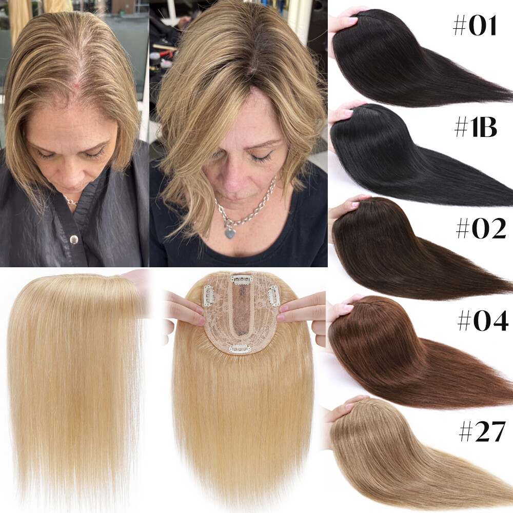 Women 100% Blonde Human Hair Toupee Silk Base Clip In Topper Hairpiece Wig 10*12