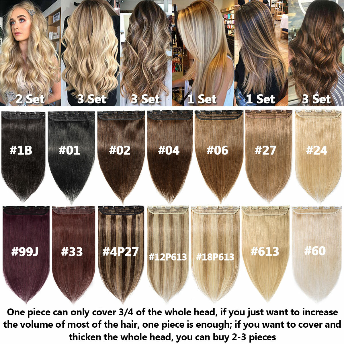 One Piece 110G Thick Real Hair Extensions Clip In Human Hair Weft 3/4 Full Head