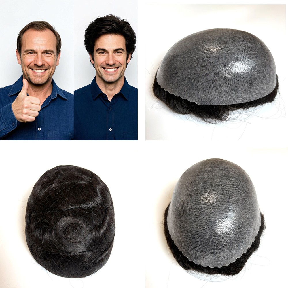 Human Hair Toupee Hair Replacement Unit System 0.12mm Poly Gauze Hairpieces
