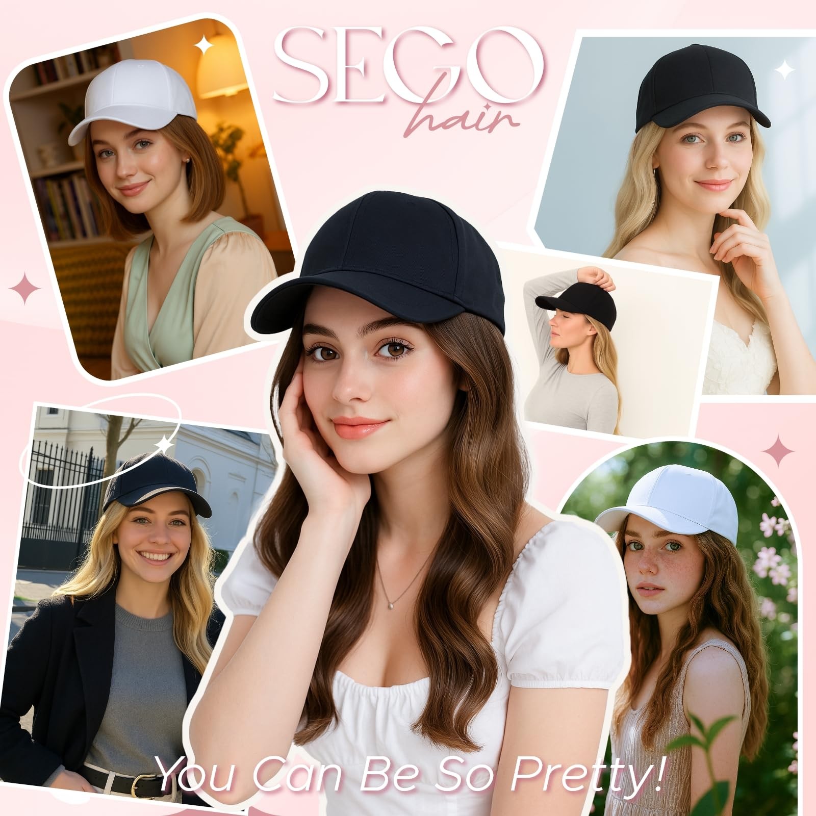SEGO Hat Wig, Hat with Hair Attached for Women Black Baseball Cap with Hair E…