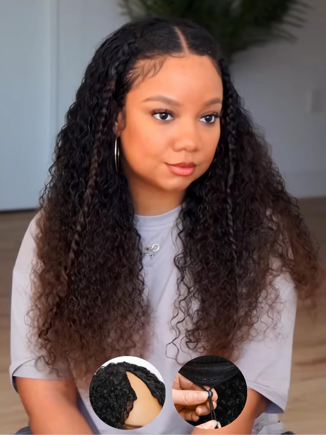 Curly V Part Wig 18″ Human Hair Ombre Black to Chestnut Brown, Glueless Clip-In,
