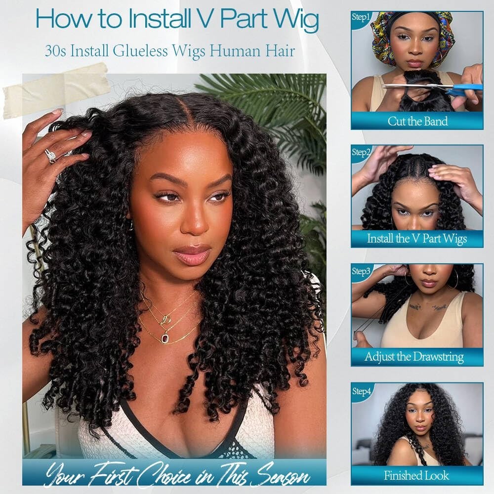 Mamushow V Part Wig Human Hair Burmese Curly V Shape Clip in Half Wig 16inch