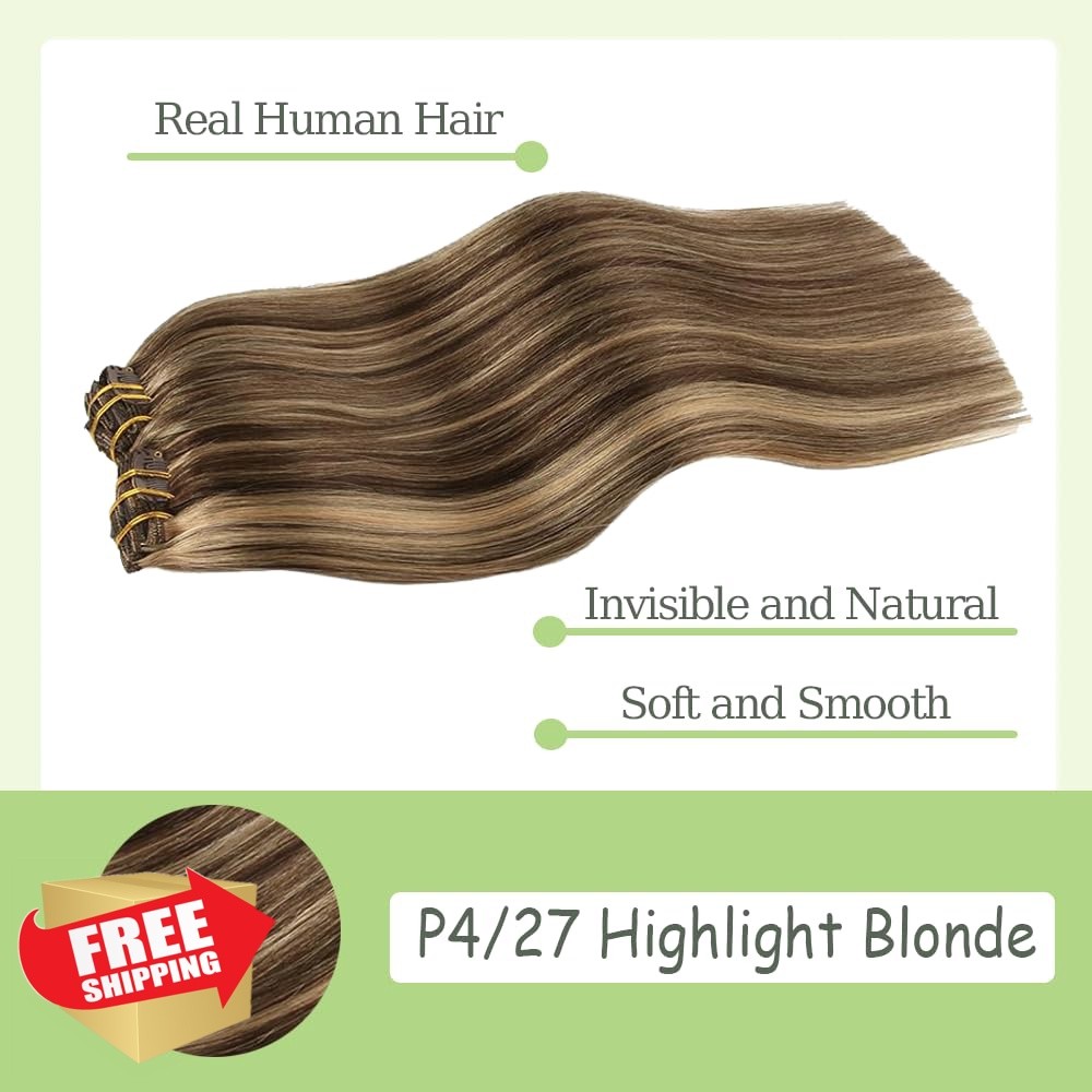 12 Inch P4/27 Blonde Clip in Hair Extensions – Real Remy Human Hair, 120g 7pc…