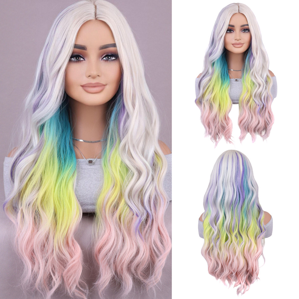 28in Women’s Multi Color Rainbow Wig Long Curly Wavy Wig Cosplay Party Wig