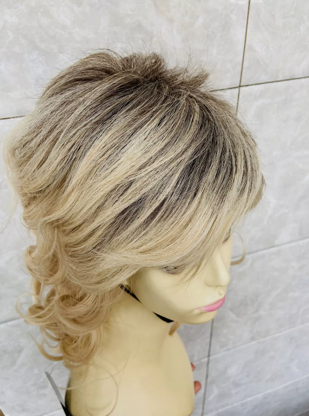 Medium Fluffy Wavy Dark Roots Blonde Mix Synthetic Hair Wigs Women Natural 613