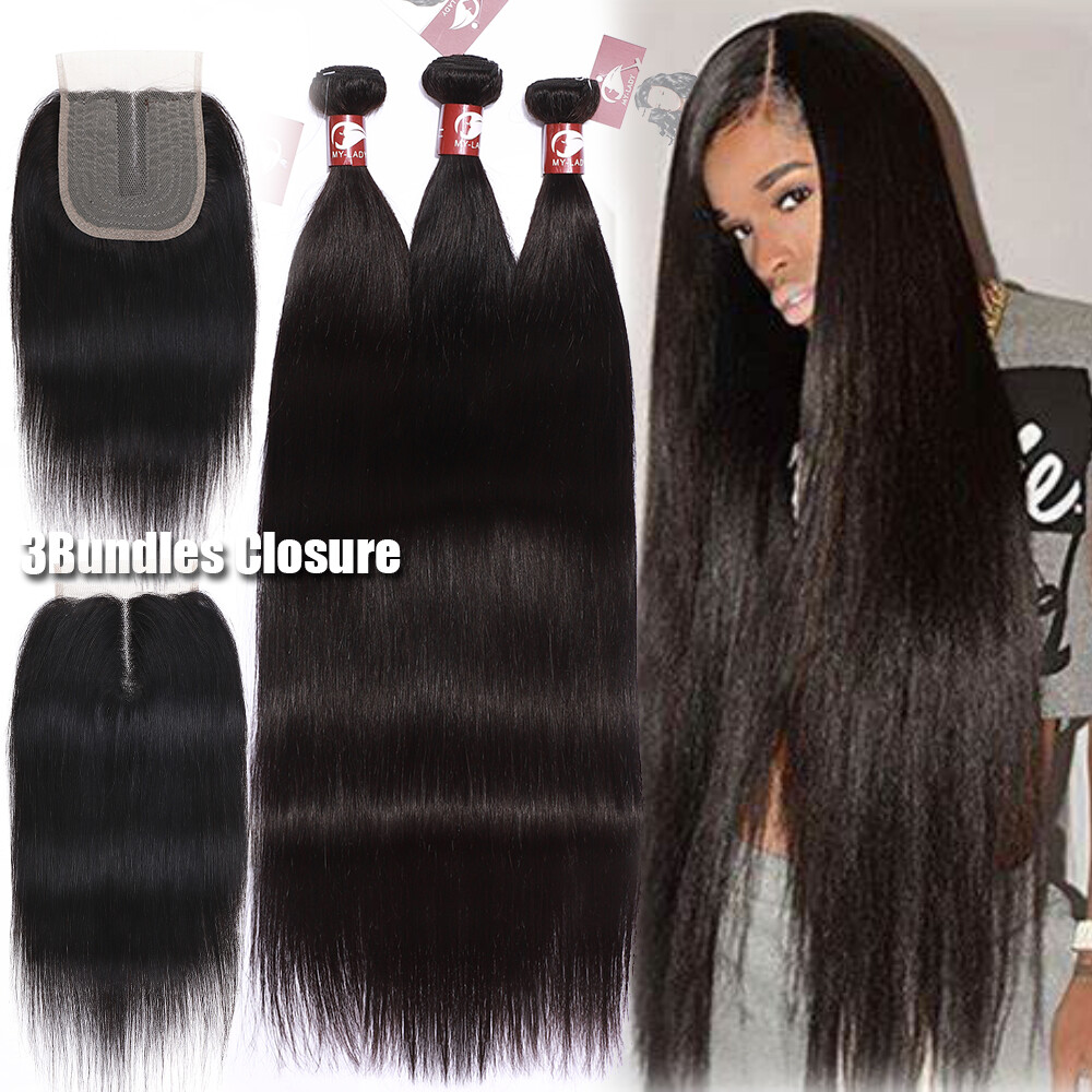 Brazilian Straight 3Bundles with 4*4 T Lace Closure Human Hair Virgin Weave Weft