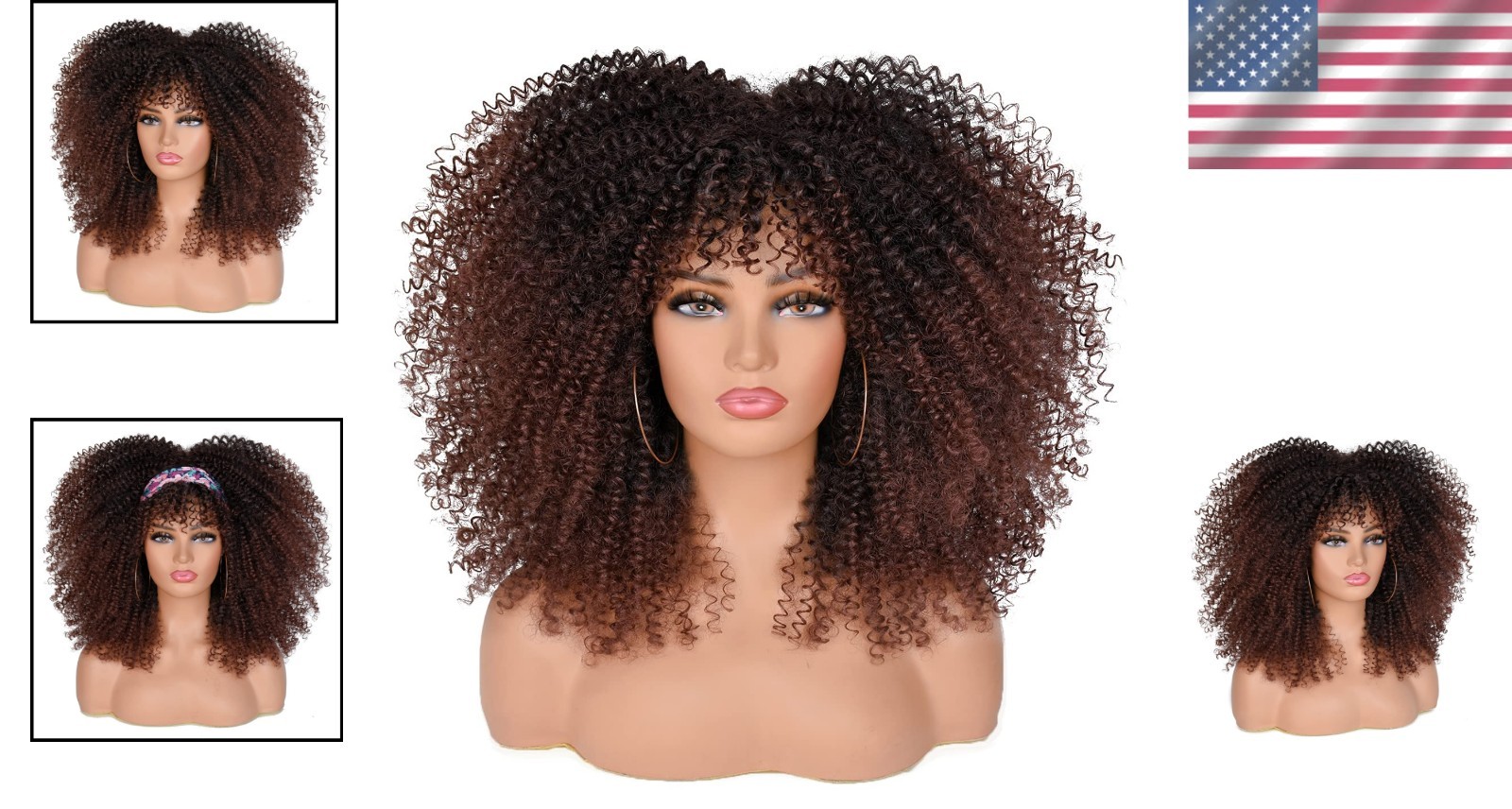 Heat-Resistant Afro Curly Wig with Bangs for Black Women – 16 Inch Full Coverage