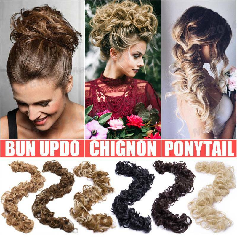 Long Messy Bun Scrunchie Hair Piece Updo False Cover Curly Hair Extensions Brown