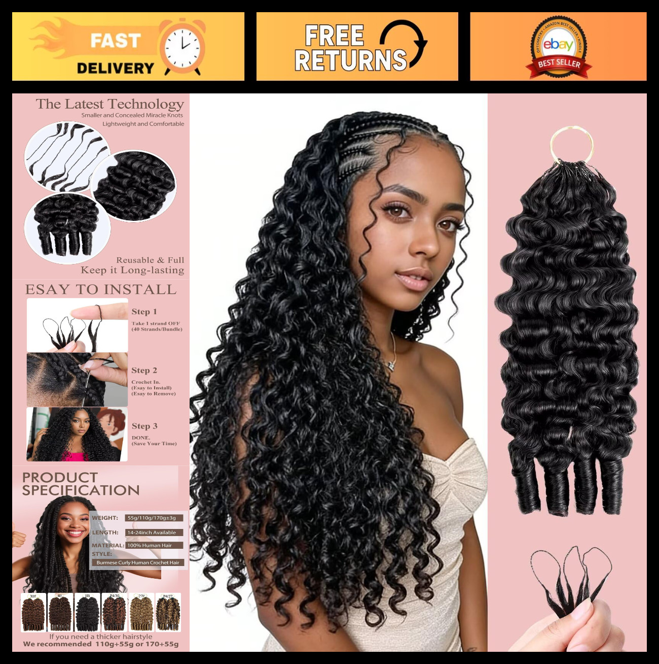 18″ Human Crochet Hair Extensions for Black Women, 55g 40 Strands, Soft Curly Te