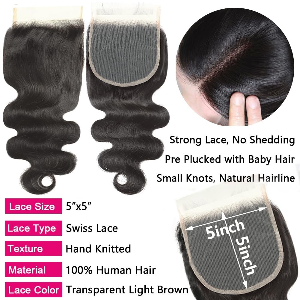 Body Wave Human Hair Bundles with 5×5 HD Closure – Unprocessed Virgin Brazilian