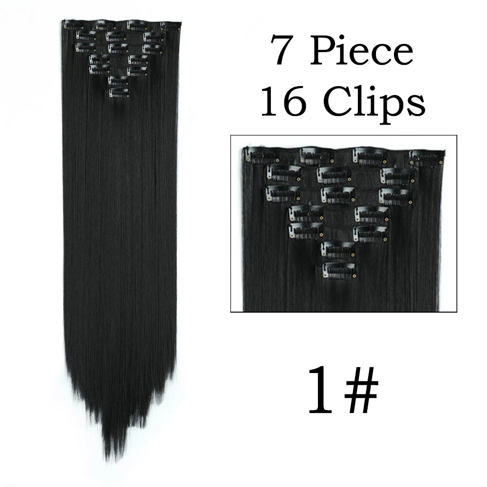 Clips Long Straight Synthetic Heat Resistant Fake Hair Extensions Black Blonde