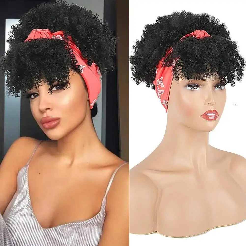 Black Soft Synthetic Short African Curly Wig For Women Headwrap fake Hair Strap