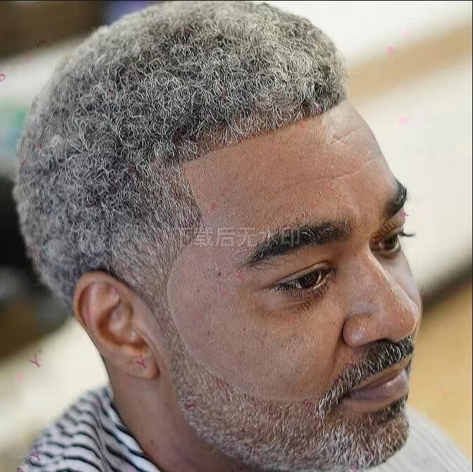 Gray Male Hair Durable Knotted Skin Base 6mm Afro Hairstyle Men’s Toupee 8×10