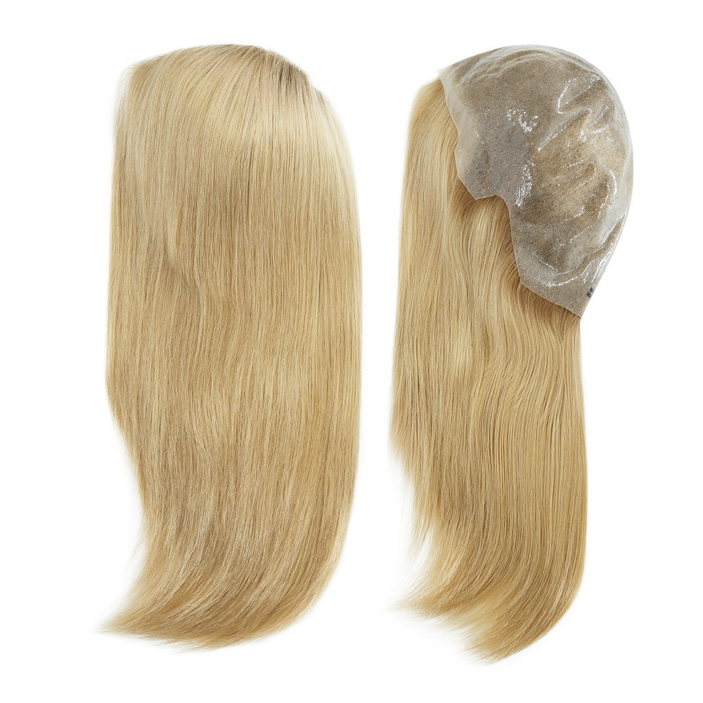 Women Wigs Human Hair Full Head Wigs Poly Skin Medium Size Dark Root 14”#SIC